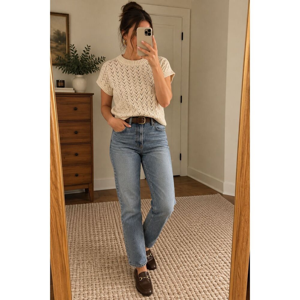 LOFT Small Cream 100% Cotton Open Knit Pointelle Sweater Top